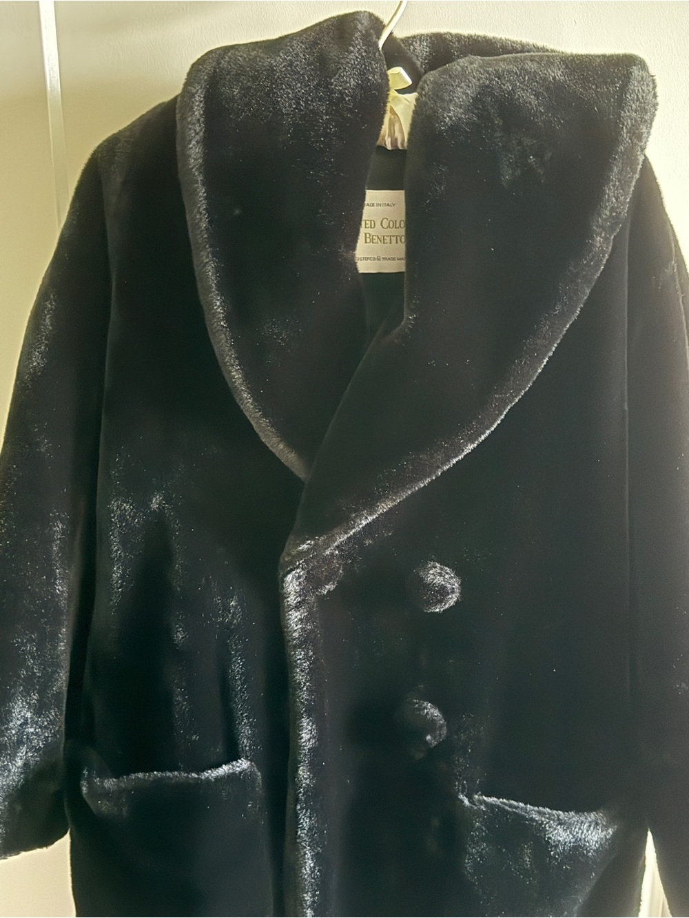 United Colors Of Benetton Made in Italy Vintage Black Faux Fur Pea Coat